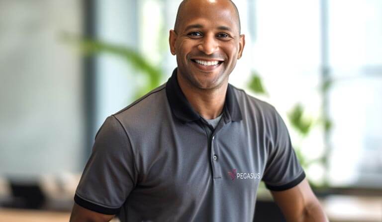 Good looking Latino man in a dark gray polo shirt with a Pegasus logo on it in a brightly lit office space smiling at the camera